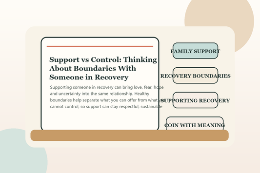 Two people having a calm supportive conversation about boundaries and recovery in a private home setting.