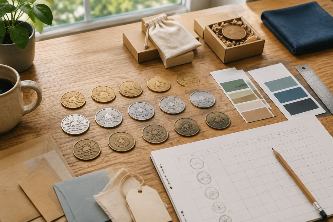 An organized series of unbranded milestone tokens beside a planning worksheet, packaging samples and color swatches