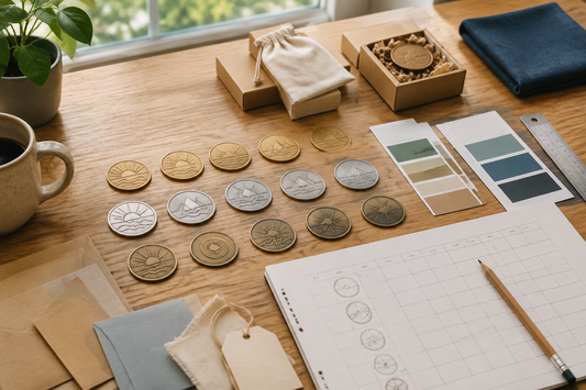 An organized series of unbranded milestone tokens beside a planning worksheet, packaging samples and color swatches