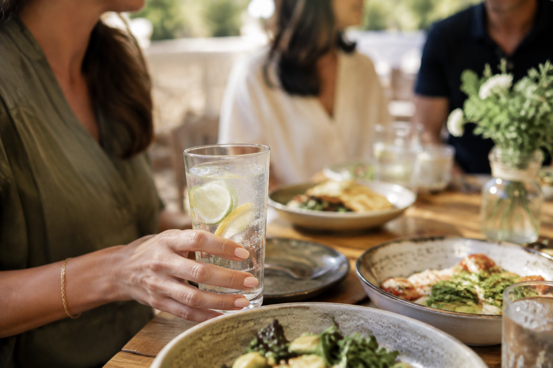 Friends sharing a special alcohol-free meal with sparkling water