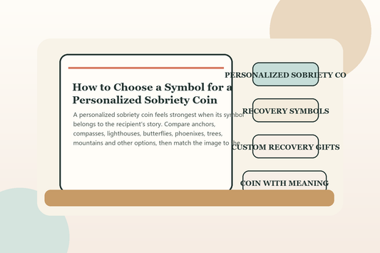 Personalized sobriety coin symbol options including anchor, compass, lighthouse, butterfly, phoenix and tree.