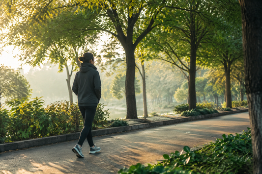 Adult walking on a tree-lined park path while building self-trust in sobriety