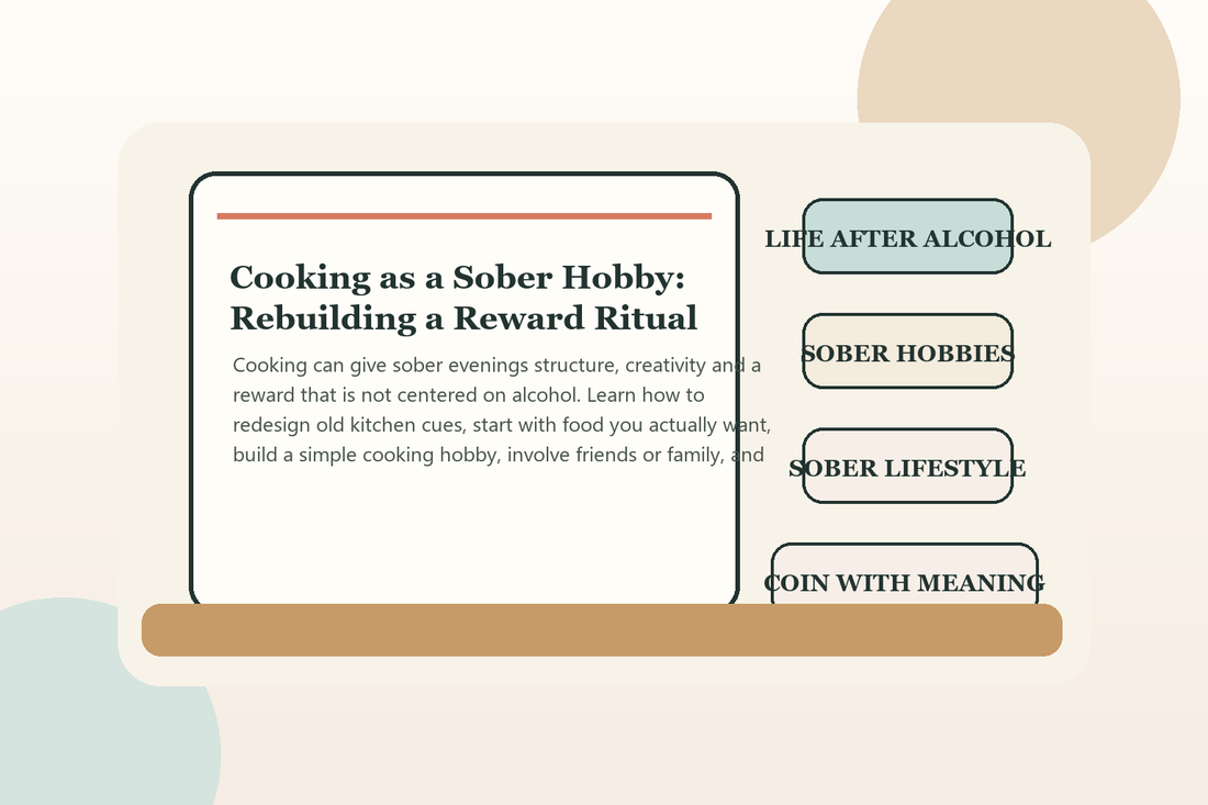 Cooking as a sober hobby with fresh ingredients, a recipe and a nonalcoholic drink in a warm home kitchen.