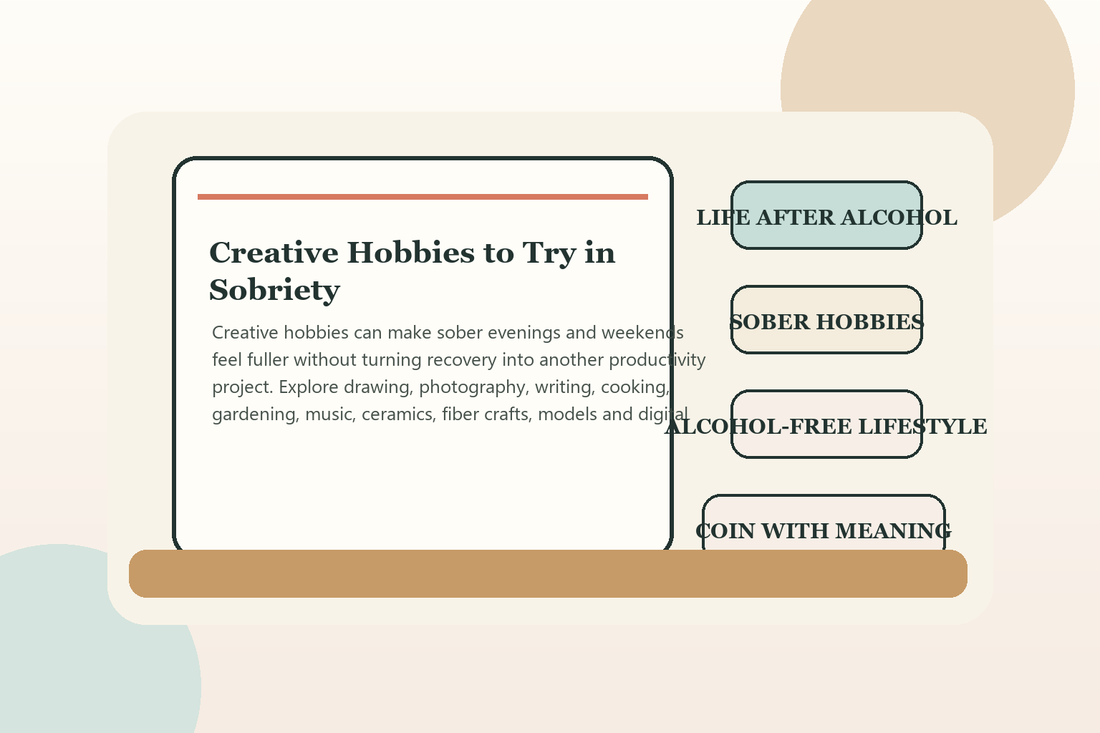 Creative sober hobbies including drawing, photography, knitting, plant care and journaling on a shared table.
