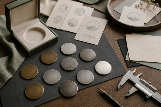 A design-selection scene with generic milestone keepsakes, symbol sketches, finish samples, and a private gift box
