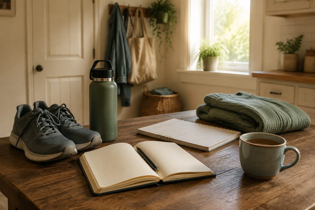 Walking shoes, a water bottle, notebook, planner and tea arranged for a steady sober morning routine