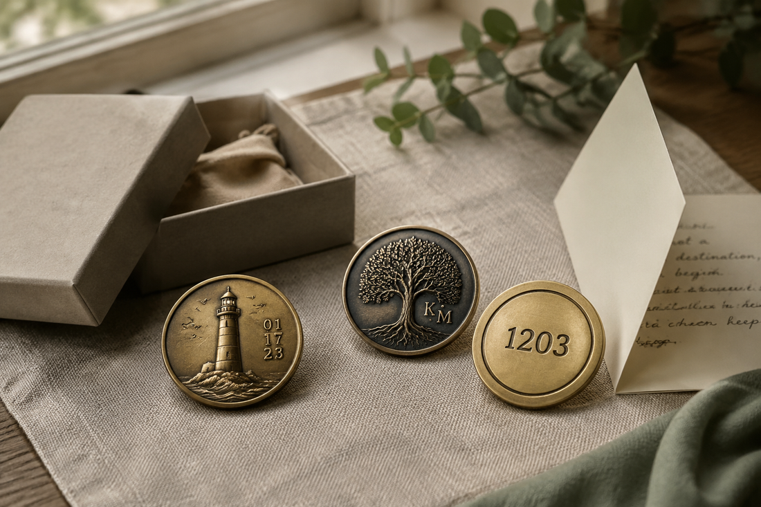 Three understated symbolic keepsakes with a lighthouse, tree and private milestone number beside neutral packaging