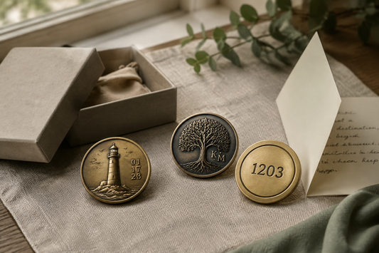 Three understated symbolic keepsakes with a lighthouse, tree and private milestone number beside neutral packaging