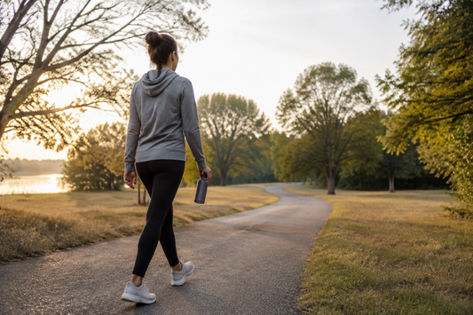 Person taking a gentle morning walk while rebuilding energy after quitting alcohol