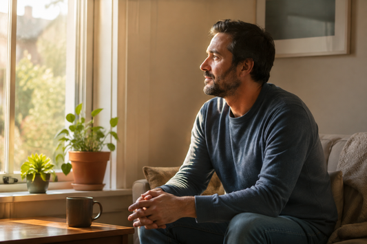 A reflective adult sitting quietly near a sunlit window with hands resting naturally, creating an inclusive mood of contemplation and hope.