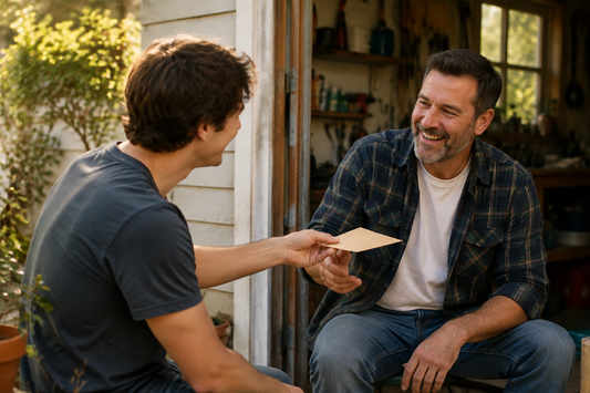 Adult child giving a handwritten Father’s Day card to dad at a home workshop doorway