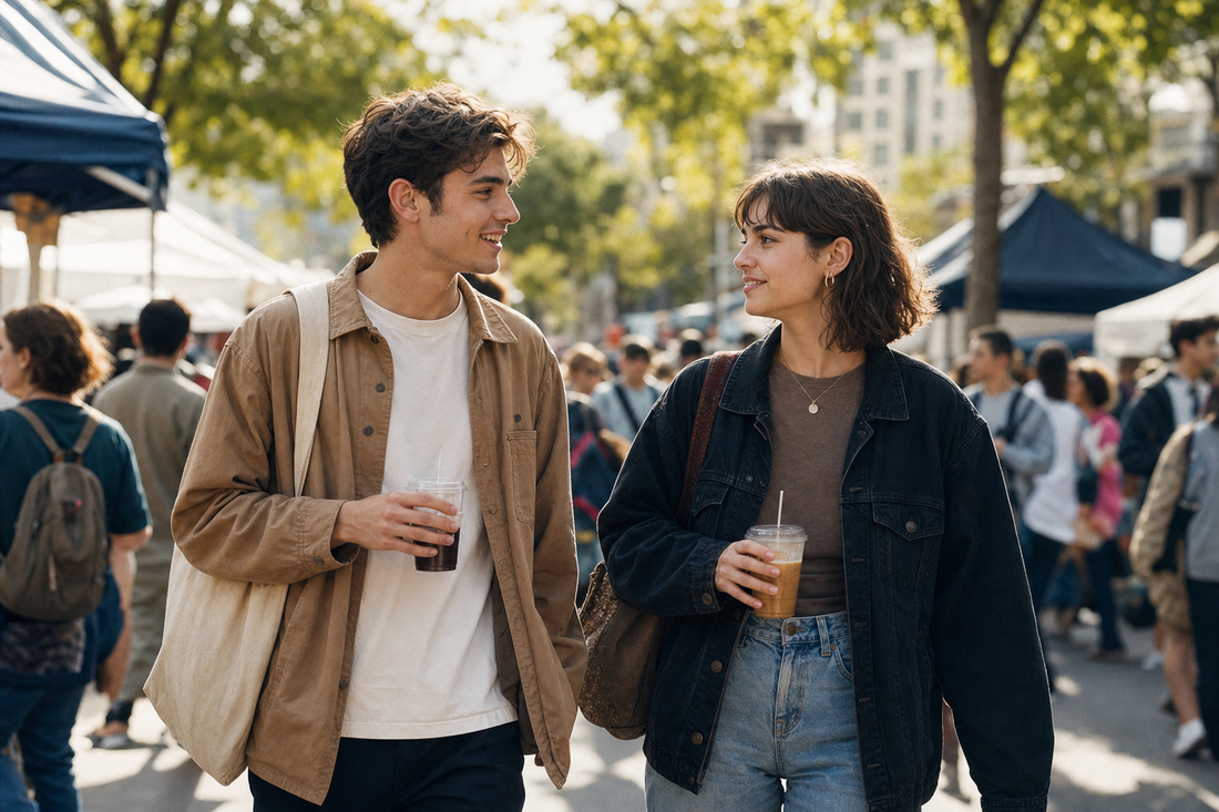 Two young adults walking through a weekend market with coffee, representing relaxed alcohol-free socializing.