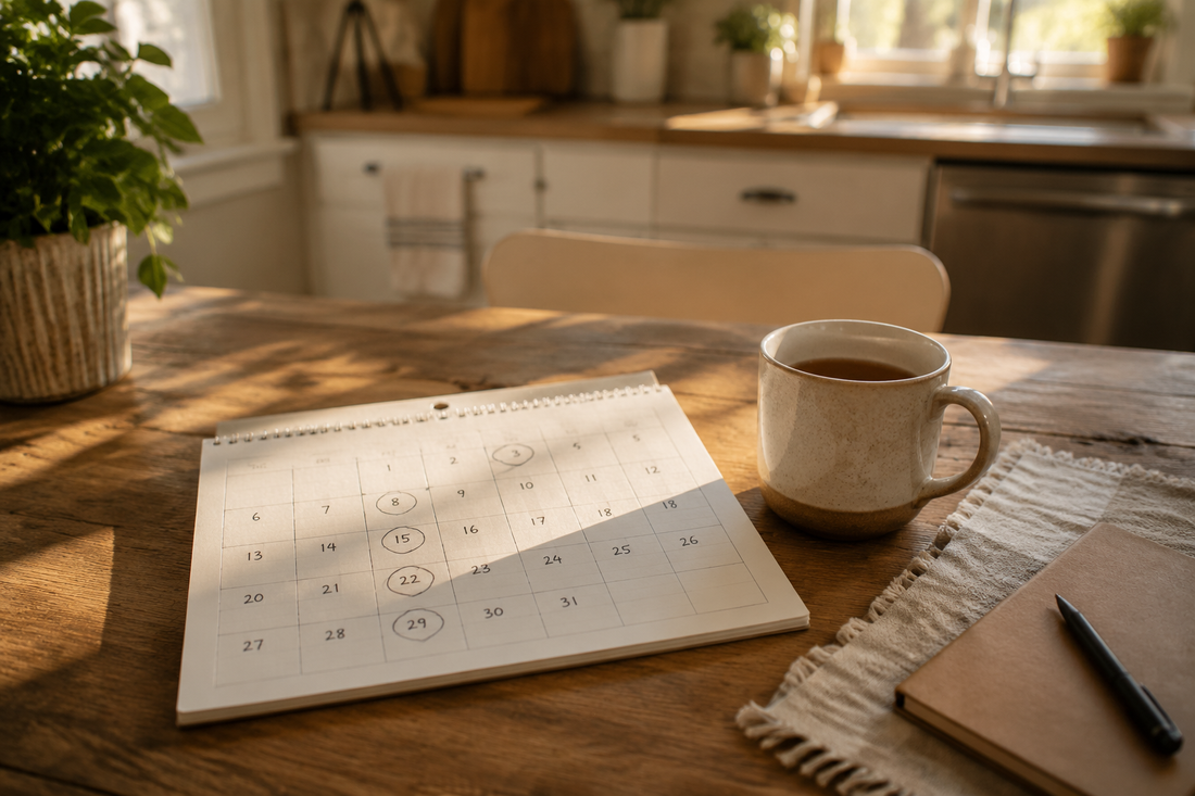 A handwritten monthly calendar, tea mug, and soft morning light on a home table, showing quiet recognition of recovery progress.