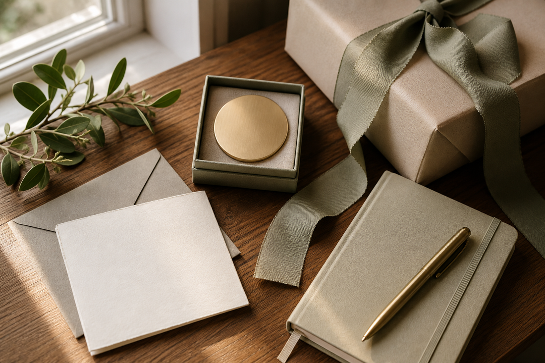 A thoughtful last-minute sobriety gift arrangement with a milestone keepsake, handwritten card, journal, and simple wrapping
