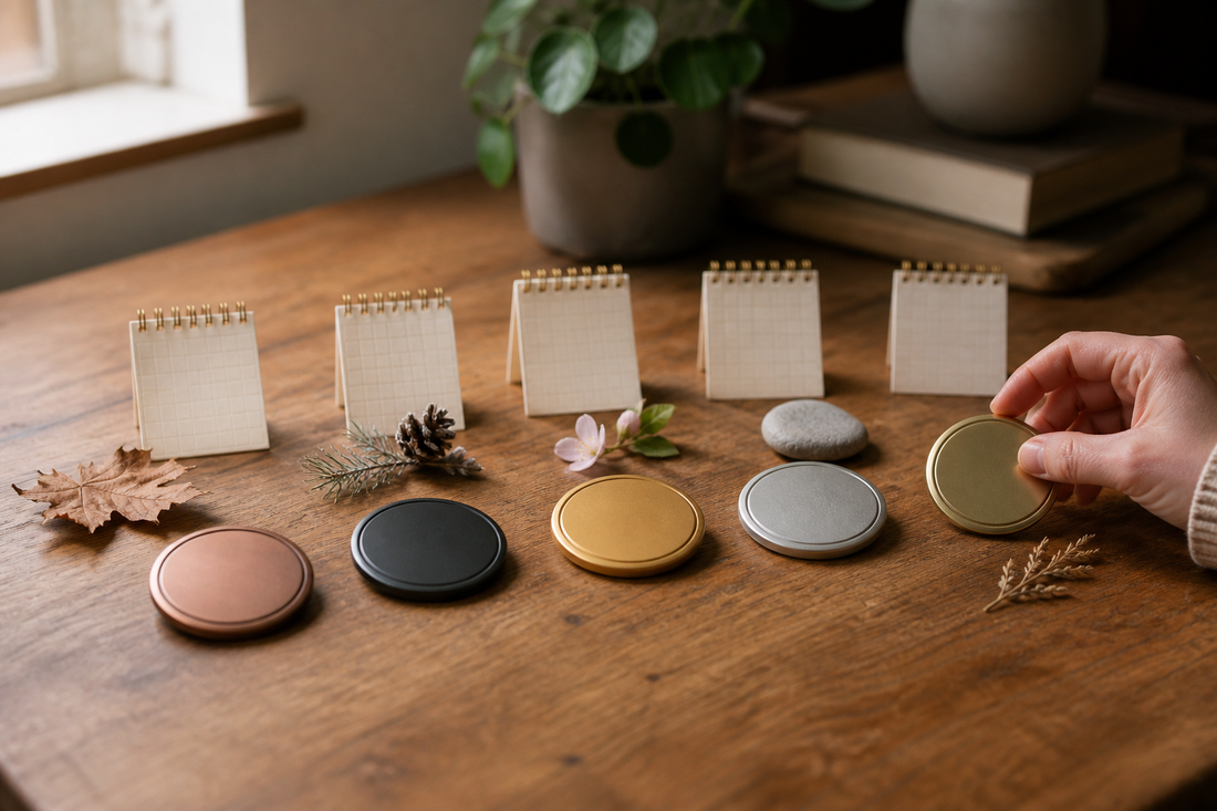 A warm editorial arrangement of milestone keepsakes and calendar markers representing sobriety beyond one year