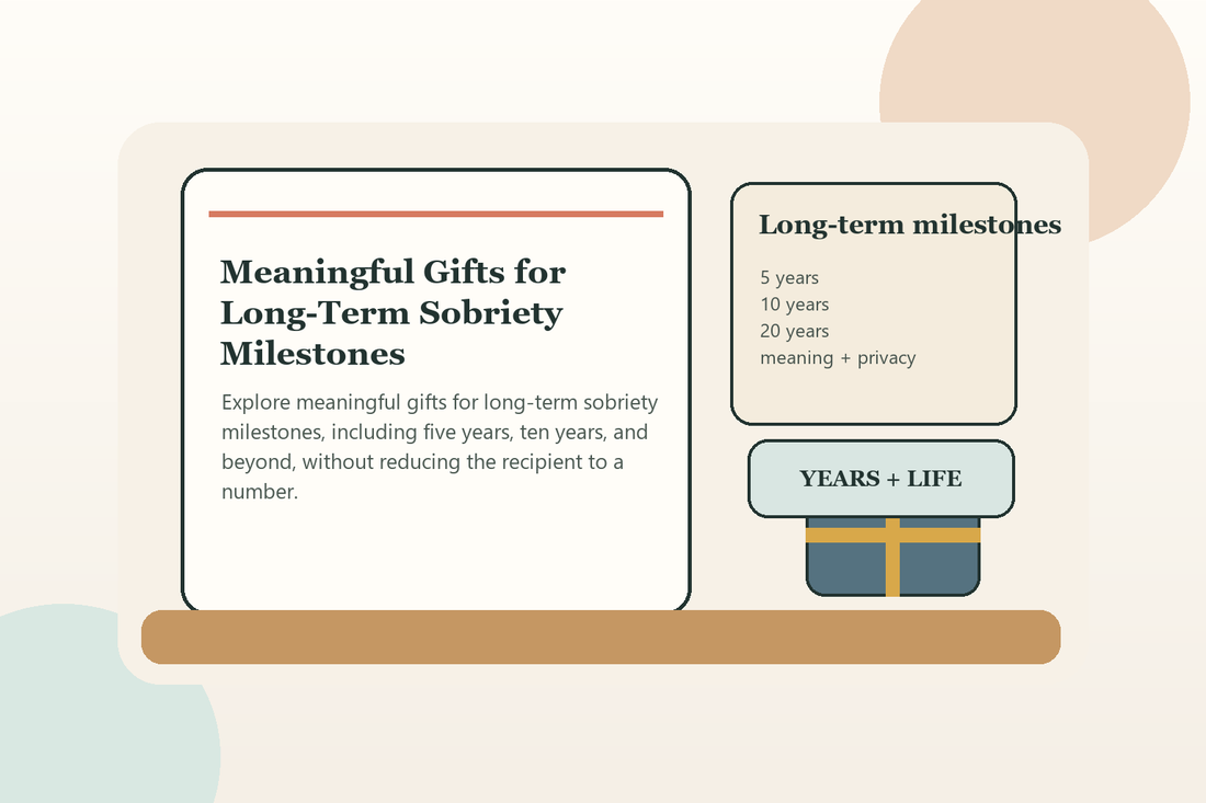A long-term sobriety milestone gift opened in a calm home setting with warm natural light.