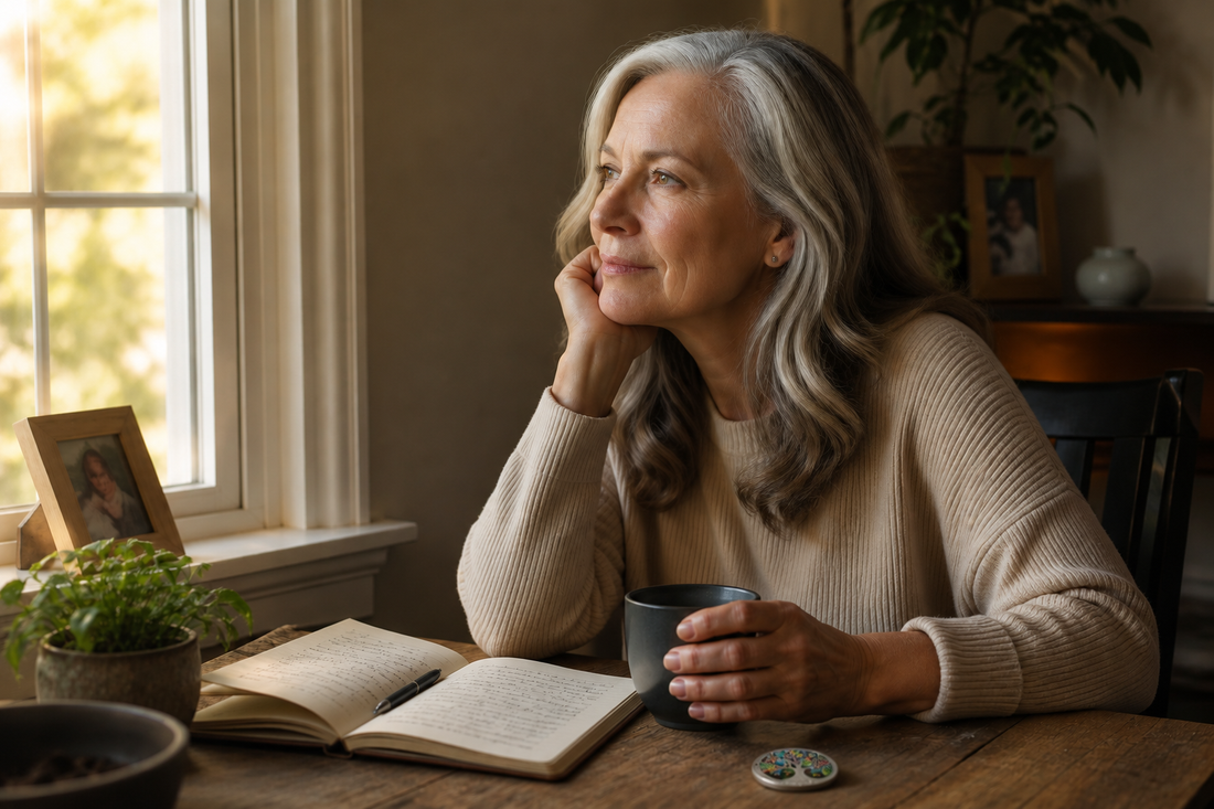 A mature adult reflecting by a window with a mug, journal, and a sobriety coin on the table.