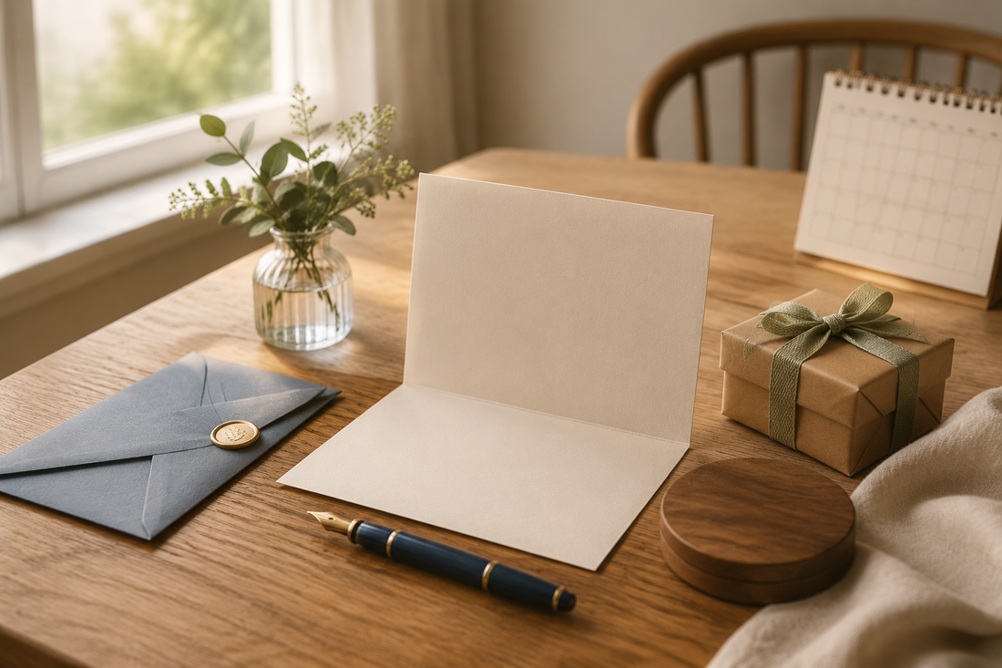 A blank one-year milestone card, envelope, pen and discreet gift arranged in warm natural light