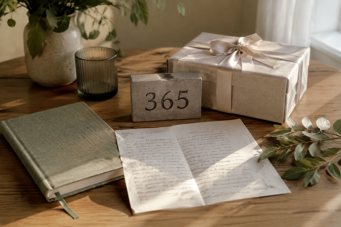 A thoughtful one-year milestone gift scene with a 365 marker, handwritten letter, journal and neutral presentation box