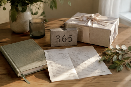 A thoughtful one-year milestone gift scene with a 365 marker, handwritten letter, journal and neutral presentation box