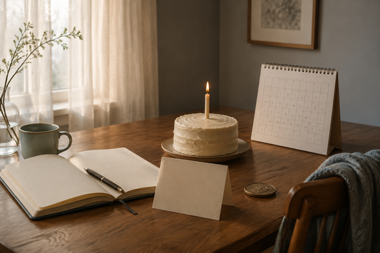 A private one year sober reflection with a 365 day calendar, journal, small cake and milestone keepsake