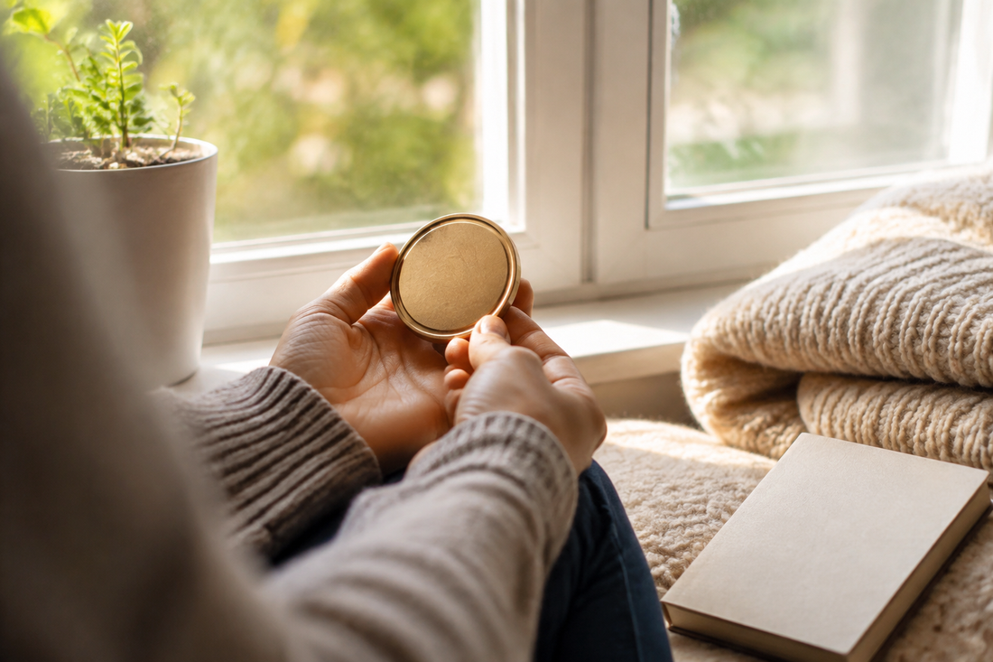 A person quietly holding an unbranded one-year milestone keepsake near a softly lit window