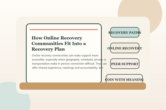 A person joining an online recovery support community from home using a laptop and notebook.