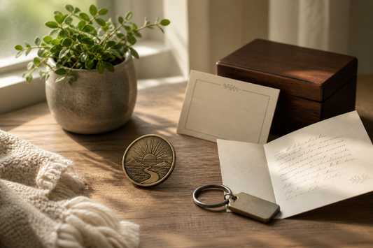 A personalized sobriety gift arrangement with a symbolic coin, keepsake box, date card, and handwritten message