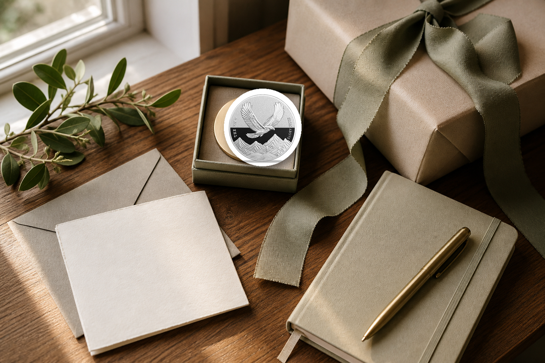 A refined presentation box, handwritten note, journal, and a small real Coin With Meaning sobriety coin arranged as a premium milestone gift.