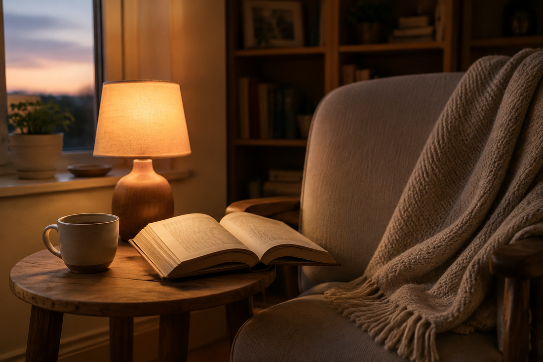 A warm evening reading corner with an open book, tea, a soft lamp, and a quiet chair