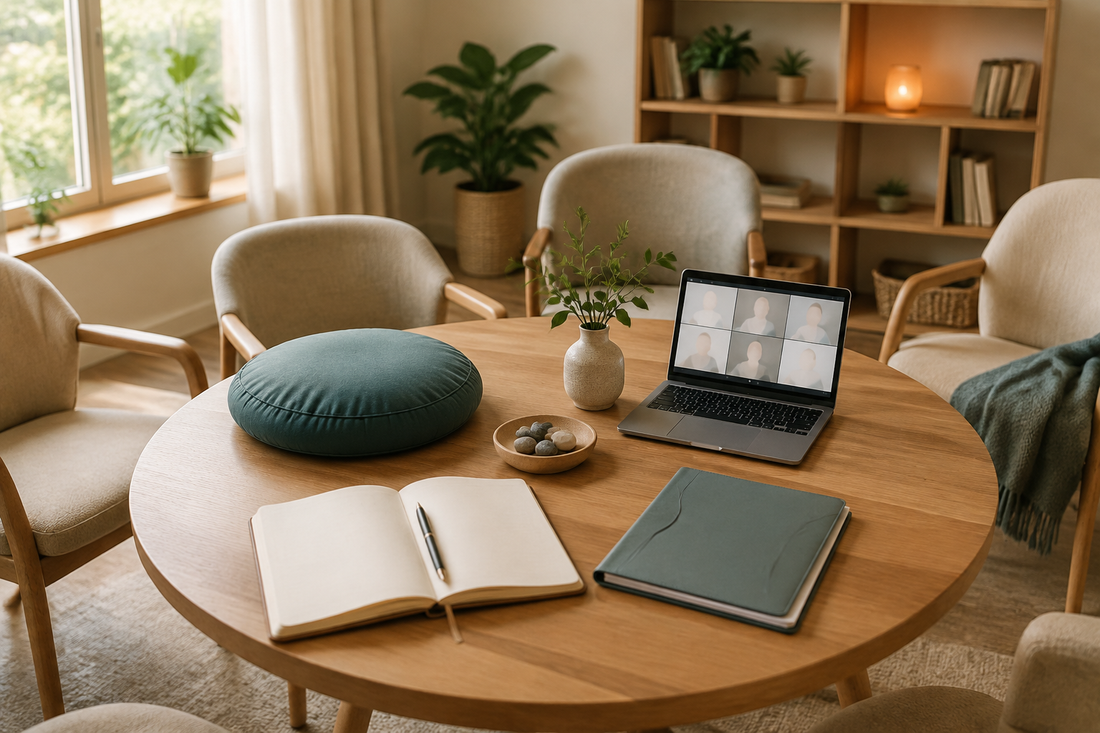 A calm room with several recovery support options including peer connection, planning, meditation and online support