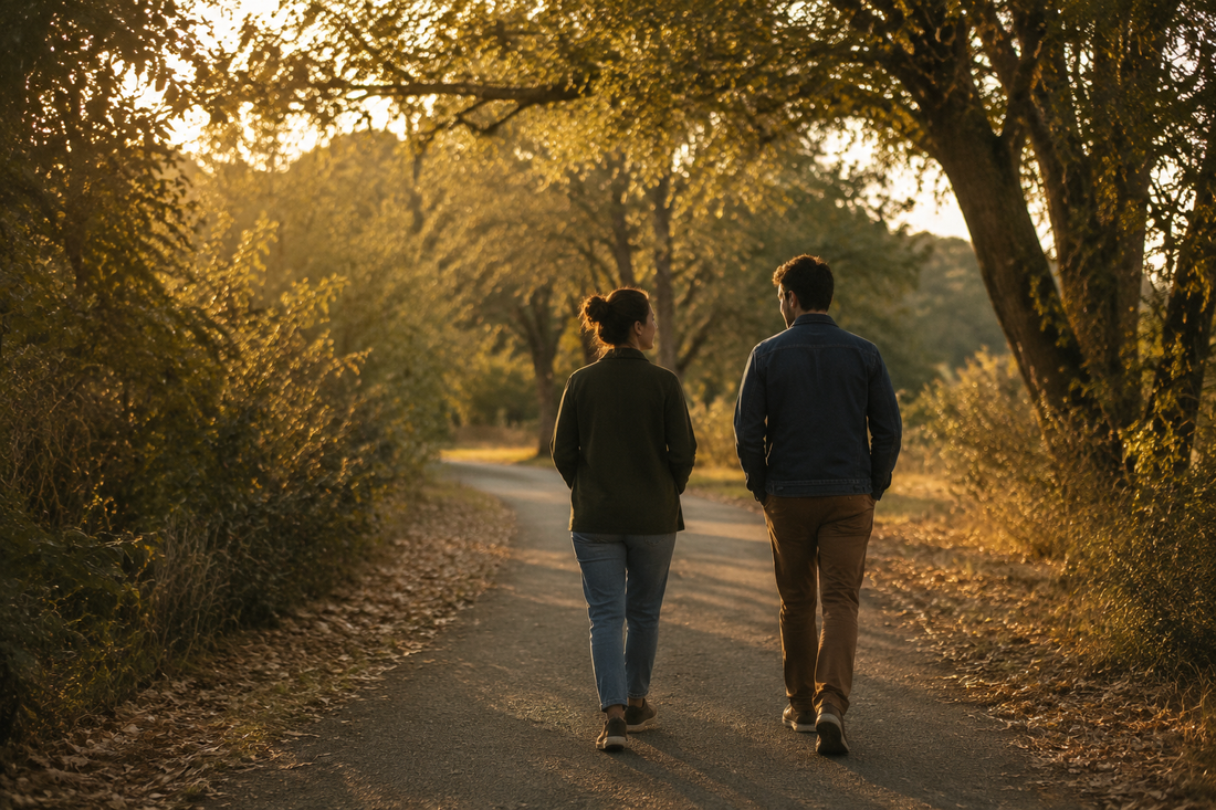 Two adults walking together outdoors, representing relationships and support after one year sober