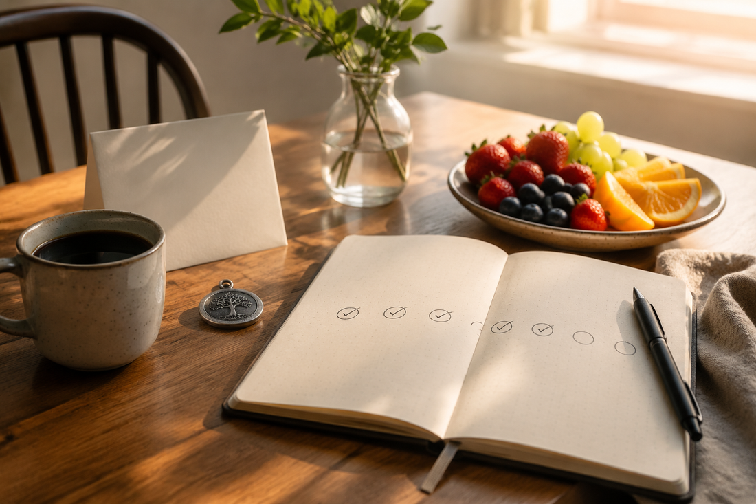 A calm six-month sobriety milestone scene with a card, breakfast, and simple keepsake