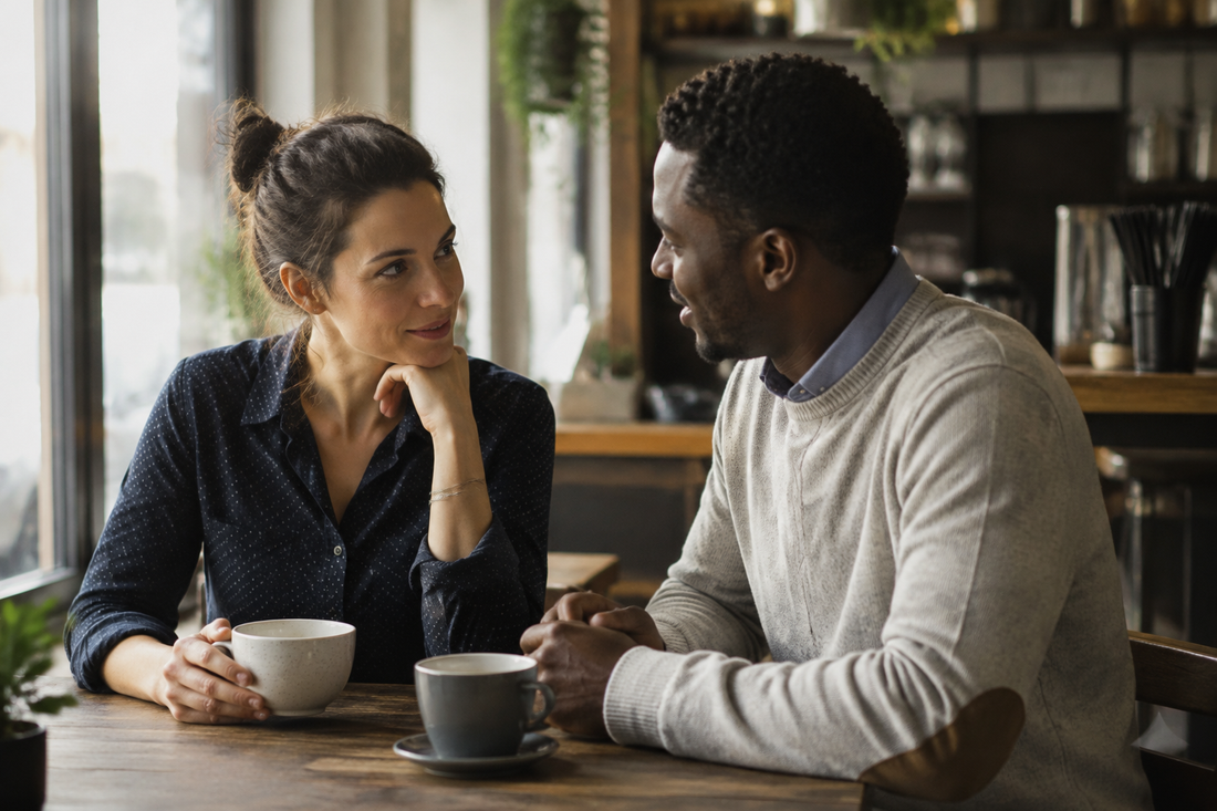 Two adults talking quietly in a bright cafe while one offers steady, attentive support.