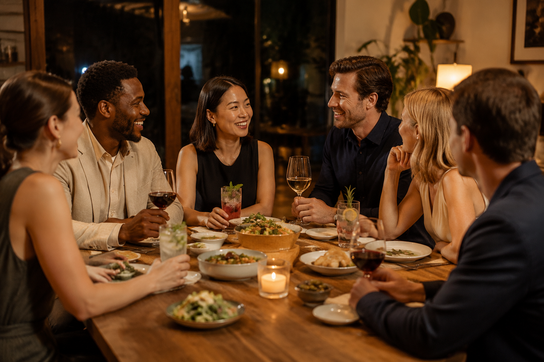 Adults socializing at a dinner table with both wine and sophisticated alcohol-free drinks available, without anyone being singled out.