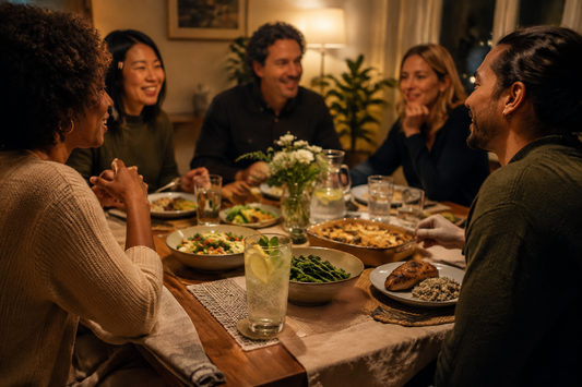 Friends sharing dinner with sparkling water and a citrus drink at a sober-friendly dinner party