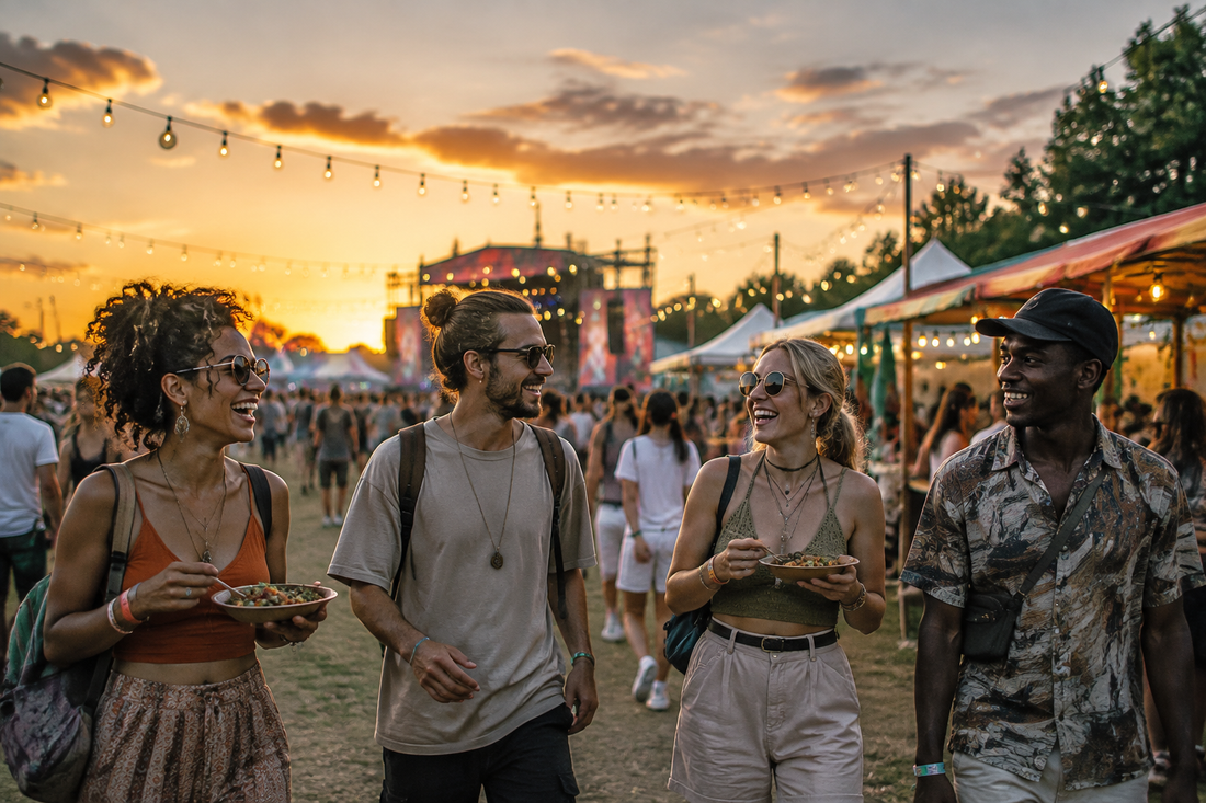 An outdoor alcohol-free music festival at sunset with friends, food, string lights, and clear-headed celebration.