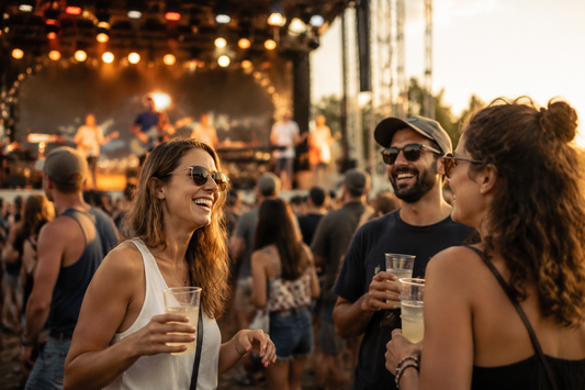 Friends enjoying a summer concert sober with alcohol-free drinks.