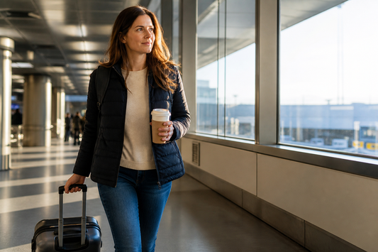 A traveler moving through a bright airport with calm morning energy and no alcohol in sight.