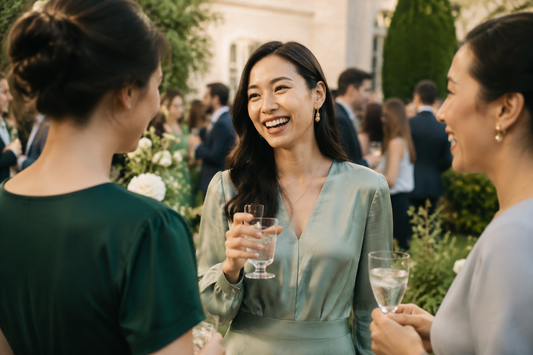 A sober wedding guest smiling with a sparkling water during an outdoor celebration.
