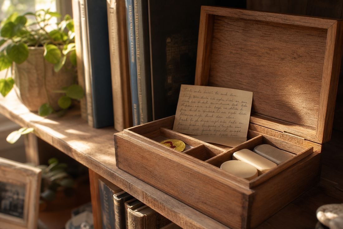 Private wooden keepsake box holding mementos and a small Coin With Meaning coin