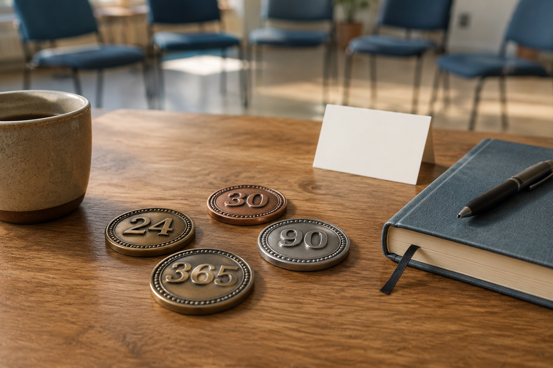 Several neutral milestone tokens with different day counts arranged to represent varied sobriety coin traditions