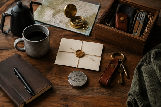 A thoughtful collection of sobriety gift ideas for men arranged in a warm editorial flat lay