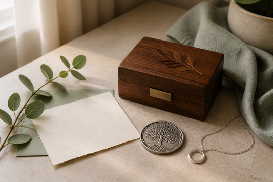 A warm sobriety gift arrangement with a keepsake box, card, plant, jewelry, and symbolic coin