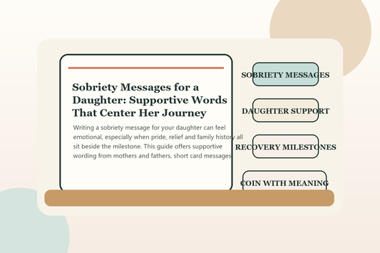 Handwritten sobriety message for a daughter beside a discreet recovery milestone keepsake.