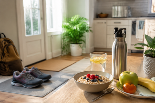 Walking shoes, a water bottle, fruit, and a simple breakfast on a bright home counter in soft morning light.
