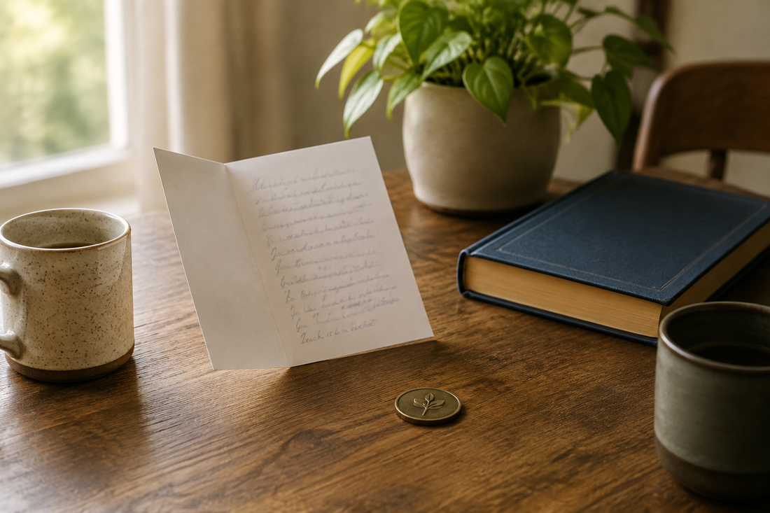 A handwritten sponsor thank-you note beside coffee, a book, and a modest symbolic recovery coin