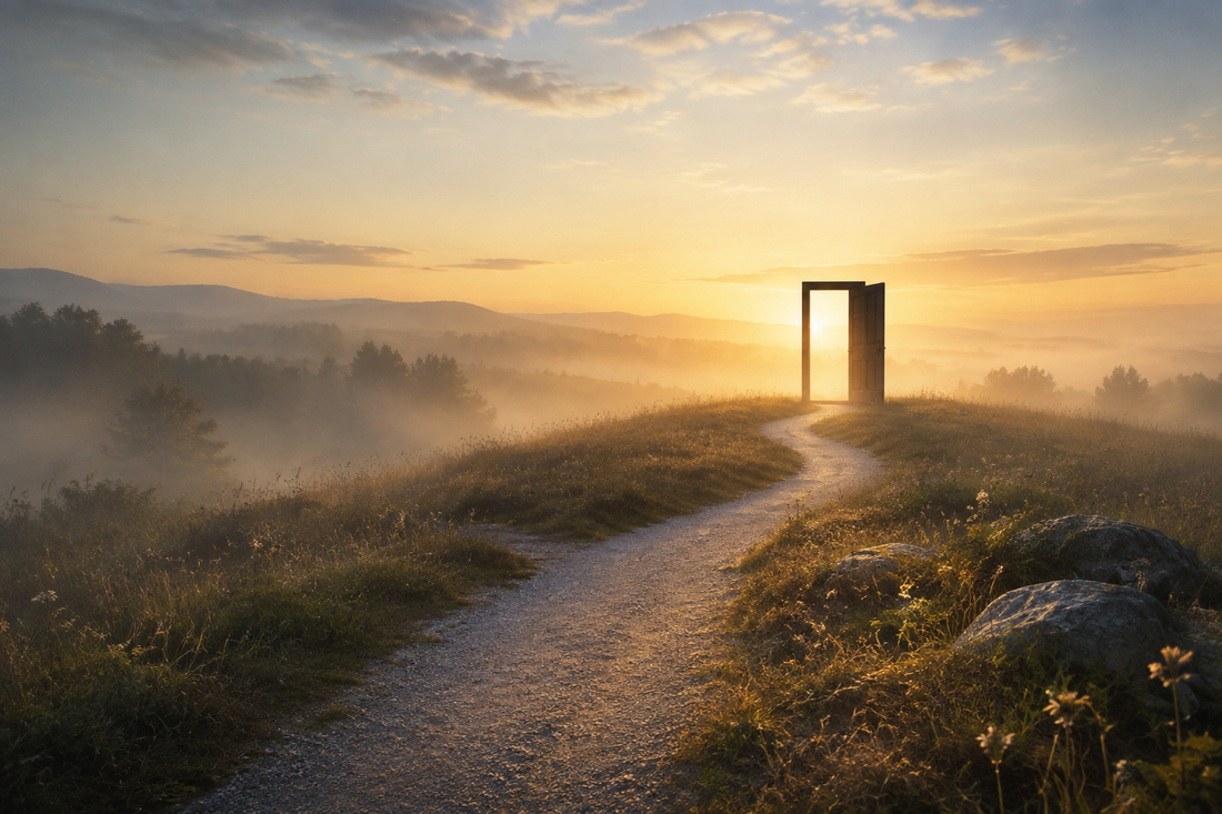An early sunrise over a quiet path symbolizing a careful new beginning in sobriety