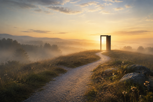 An early sunrise over a quiet path symbolizing a careful new beginning in sobriety