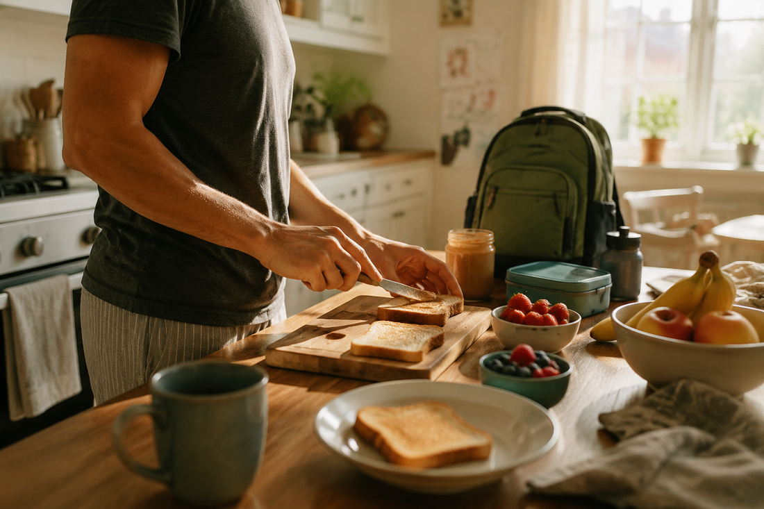 A parent quietly preparing breakfast in warm morning light, showing presence and steadiness in family life.